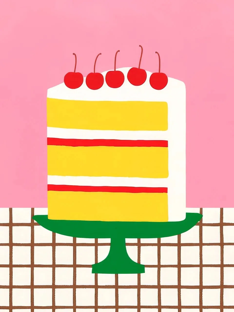 Onlly poster, Layered Cake on Pink: A slice of cream-and-yellow cake sits on a small table against bright pink.