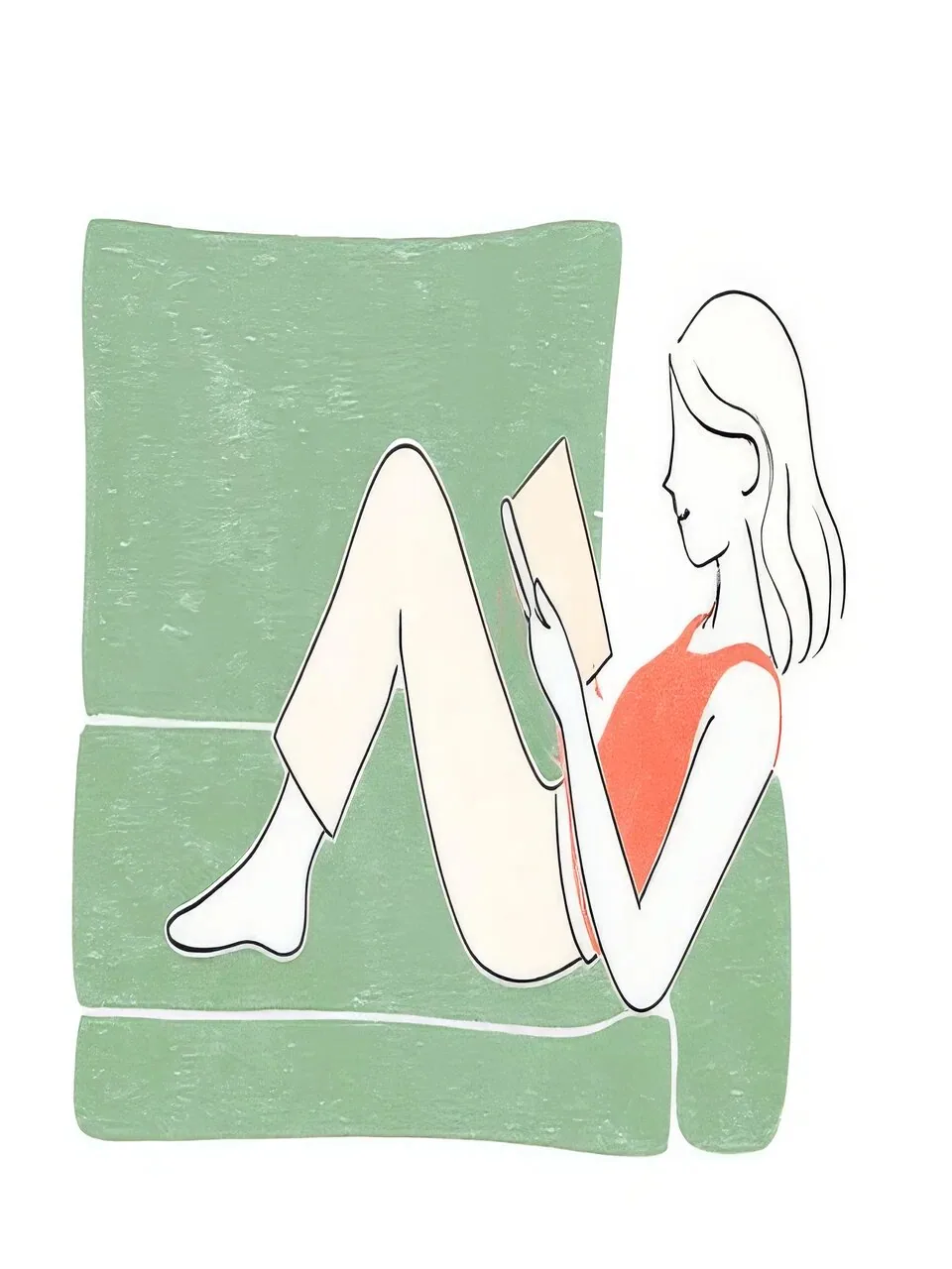 Onlly poster, Woman Resting on a Green Chair: A seated woman leans back on a simple green chair in a pale space.