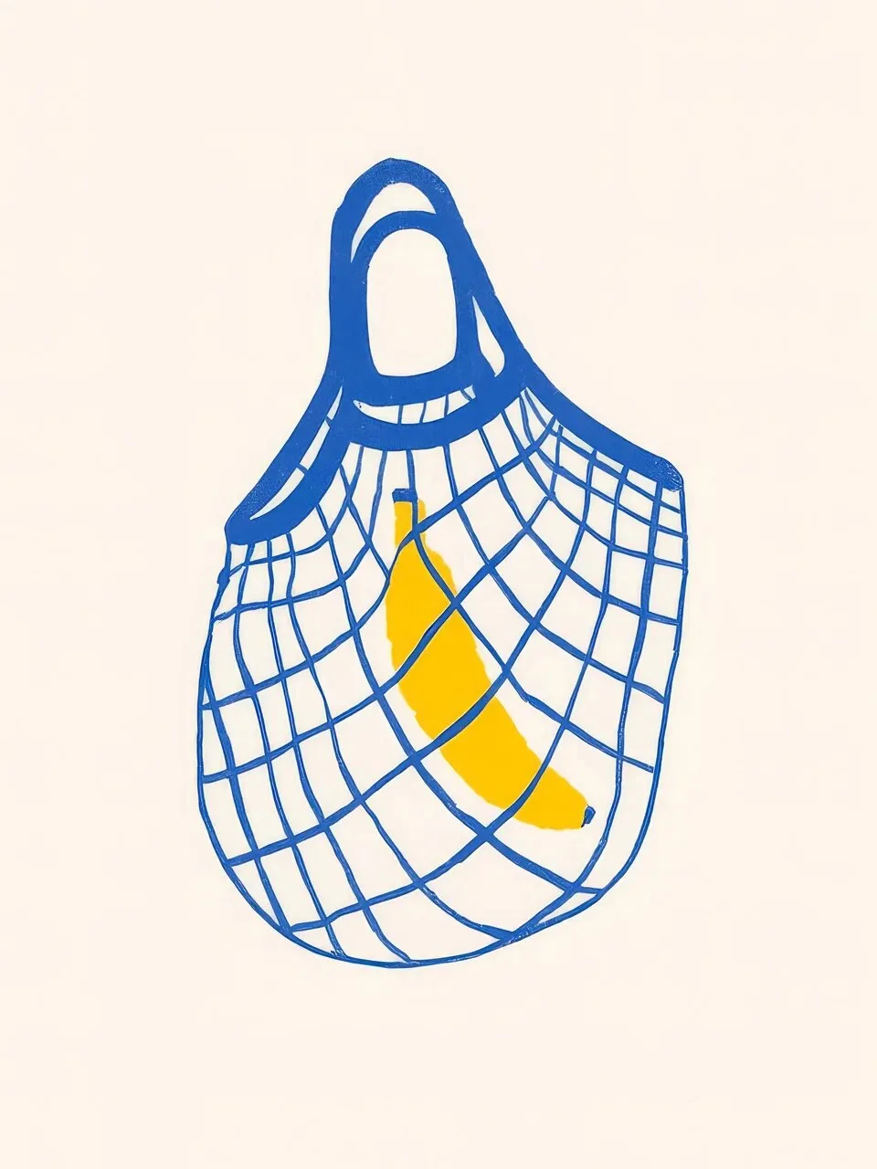 Onlly poster, Blue Market Bag with Fruit: A netted blue shopping bag holds a yellow curved object and produce.