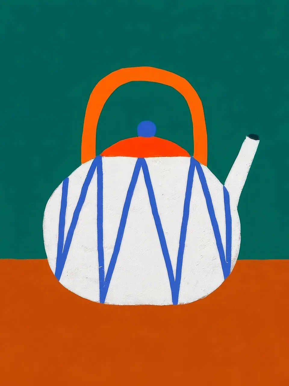 Onlly poster, Blue and Orange Shopping Bag: A stylized tote with blue outlines and orange handles sits on teal and rust blocks.