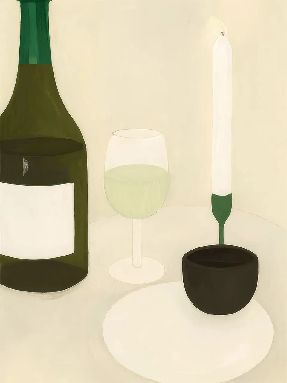 Onlly poster, Wine and Glass on a Table: A dark bottle and pale wine glass stand beside a small bowl on cream.