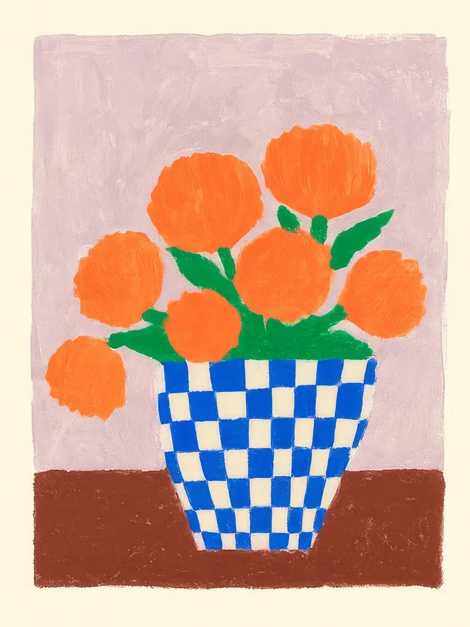 Onlly poster, Orange Flowers in a Checked Vase: A round blue-and-white vase holds bright orange flowers against a dusty rose ground.