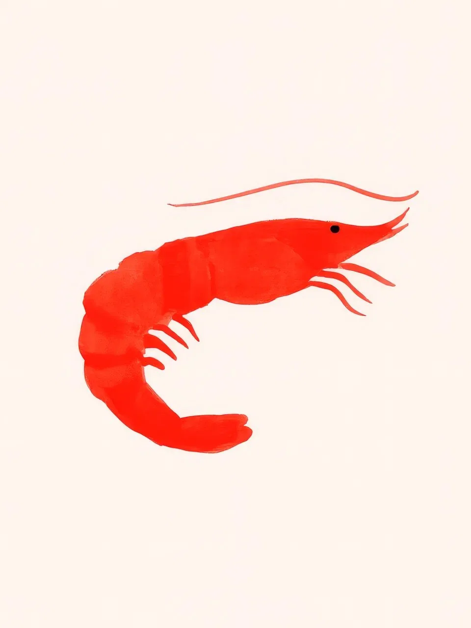Onlly poster, Red Prawn in Profile: A single vivid red prawn is outlined on a pale ground.