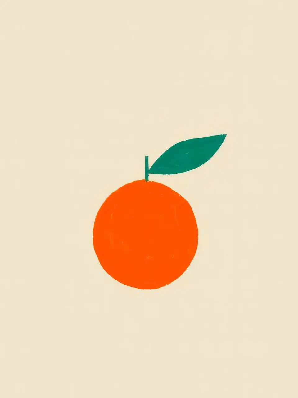 Onlly poster, Single Orange on Cream: A small orange with one green leaf sits alone on a warm ivory field.
