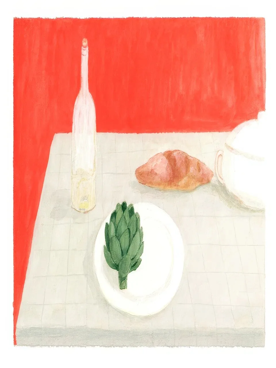 Onlly poster, Savoury Plate with Greens: A loose overhead meal scene shows a plate, wine and green vegetables on pale cloth.