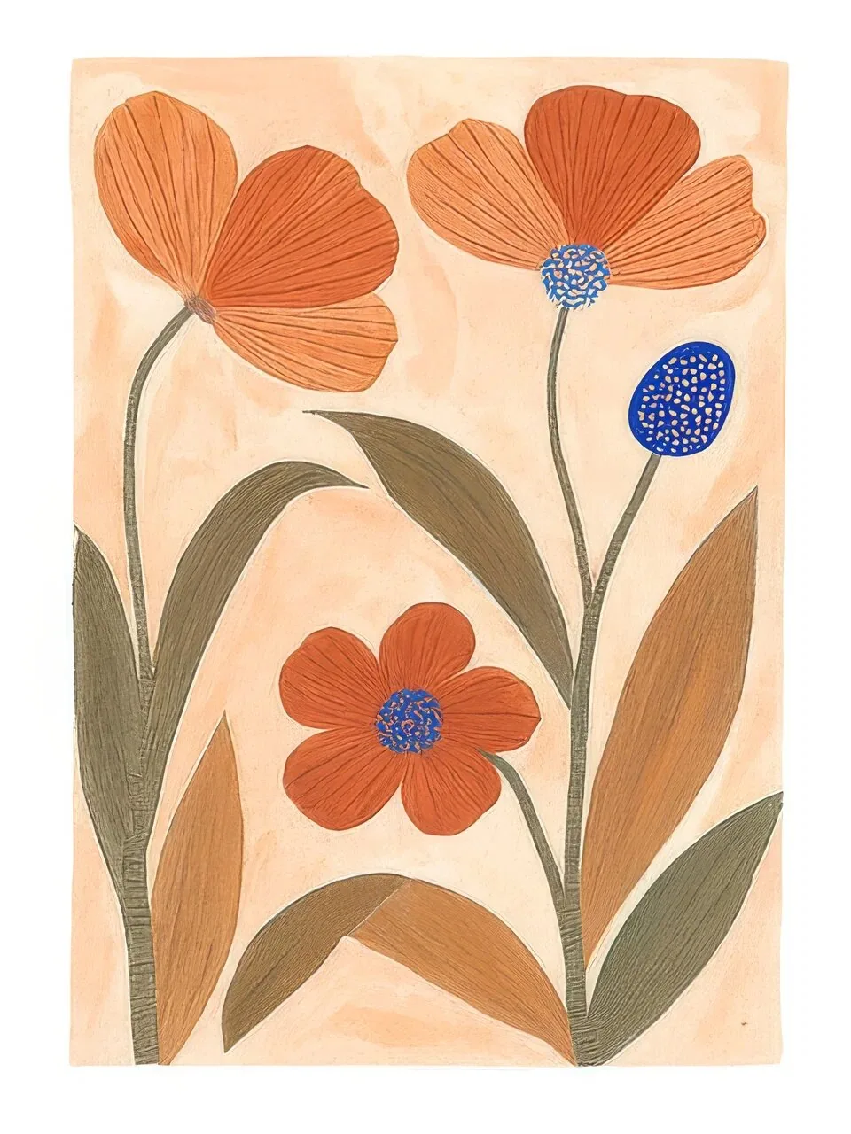 Onlly poster, Terracotta Floral Abstraction: Large soft leaves and flowers in rust, mauve and muted blue overlap on cream.