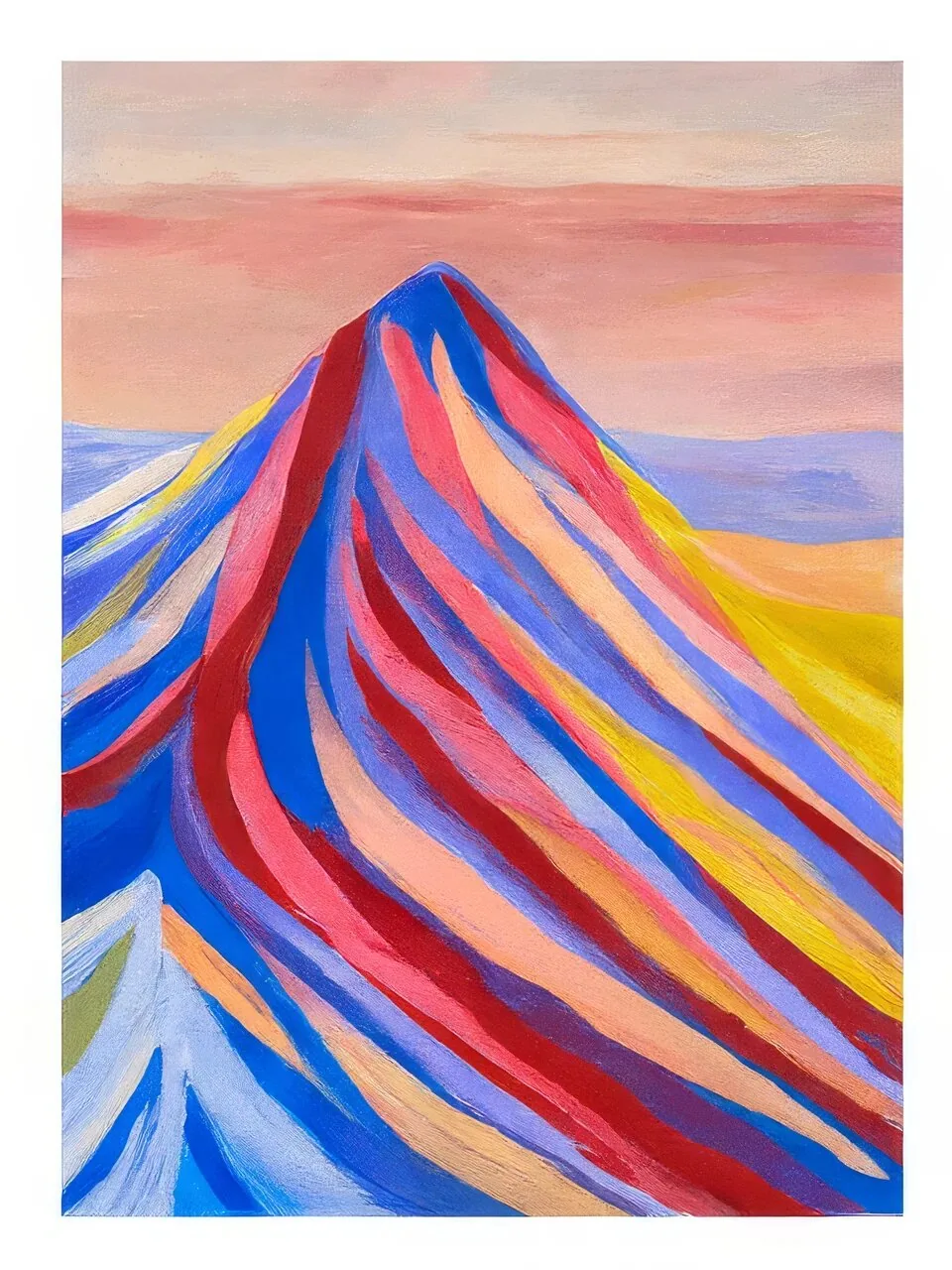 Onlly poster, Colourful Striped Mountain: An abstract mountain rises in broad bands of red, blue, orange and violet.