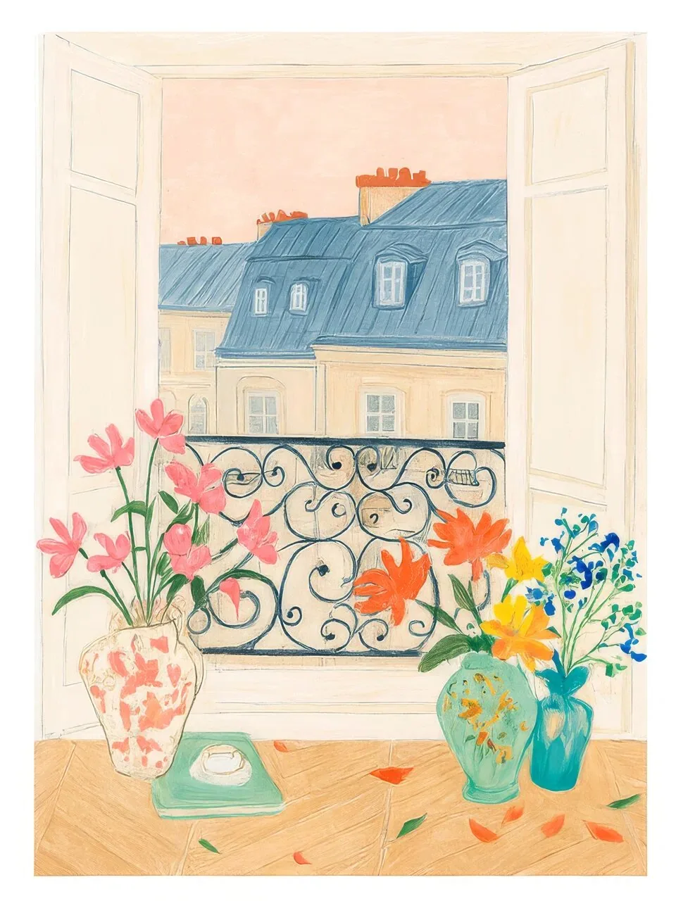 Onlly poster, Balcony with Flowering Railings: A pale building facade opens onto a balcony covered with pink flowers.