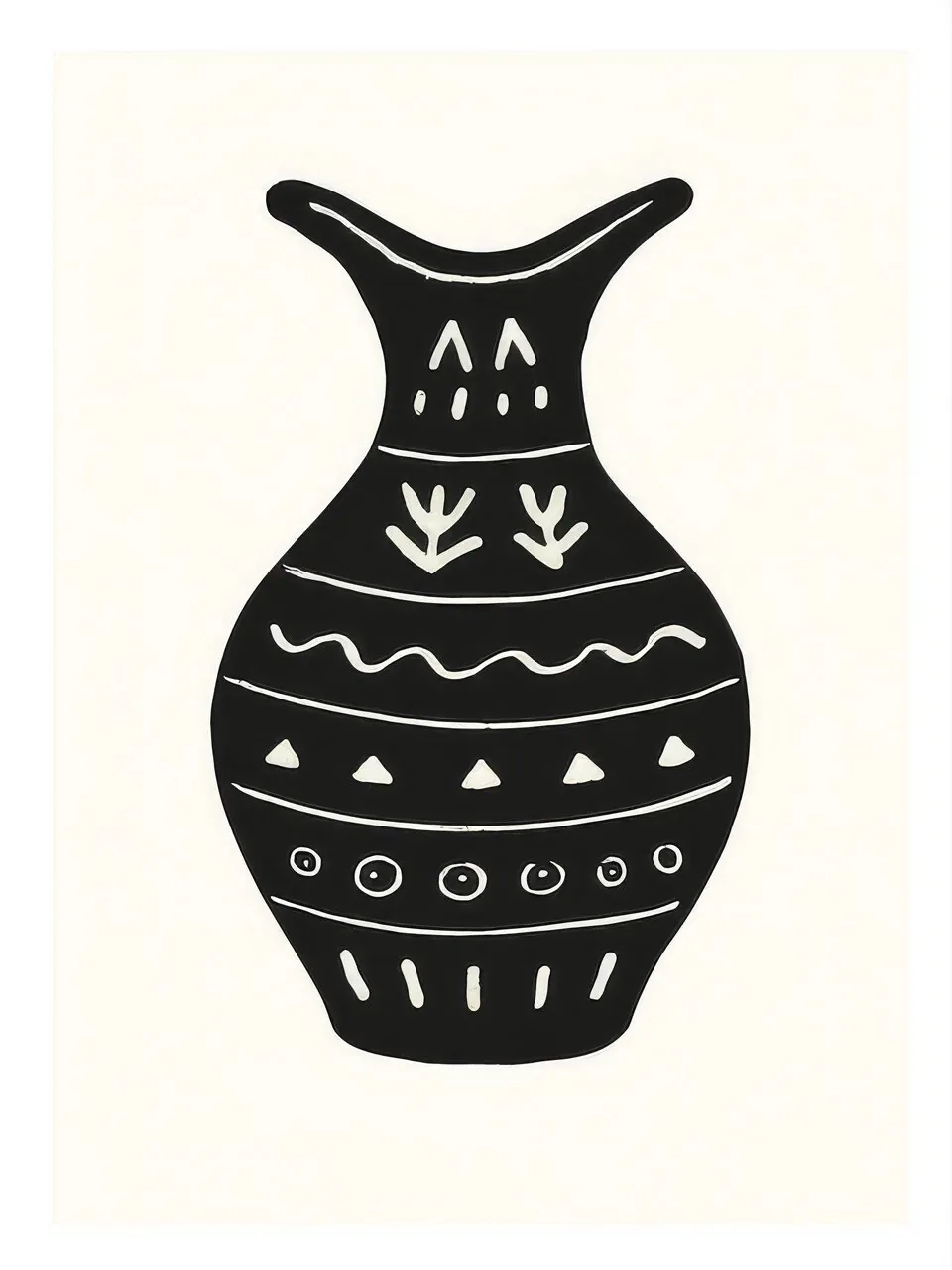 Onlly poster, Black Vase with White Motif: A dark patterned vessel is isolated on a pale warm ground.