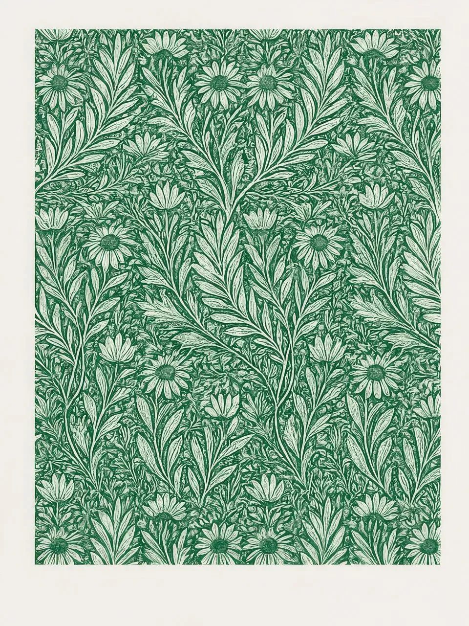Onlly poster, Green Botanical Pattern: A fine repeating field of dark leaves and stems covers a pale background.
