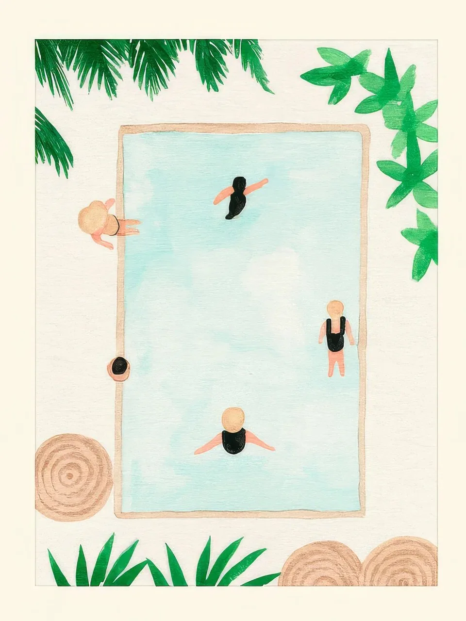 Onlly poster, Tropical Poolside Scene: Small swimmers relax in a blue pool framed by green foliage and warm wood.