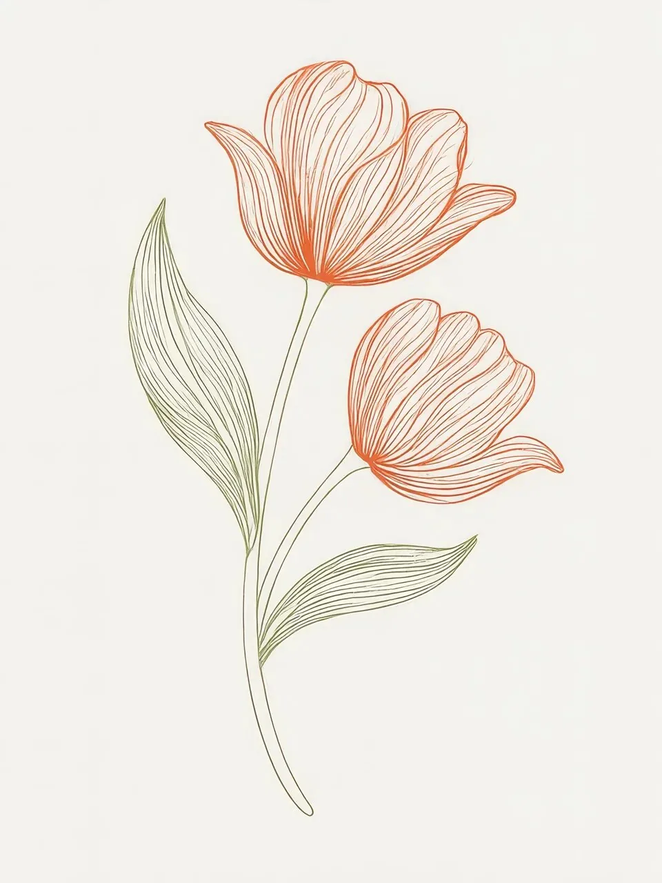 Onlly poster, Two Fine Tulips: A pair of pale pink tulips with slender green leaves is drawn in delicate lines.