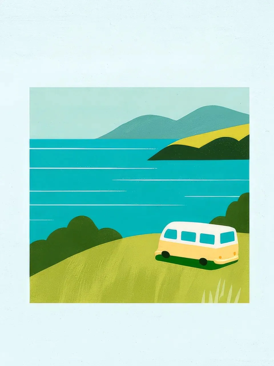 Onlly poster, Camper beside the Coast: A small camper van rests by blue water and distant green hills.