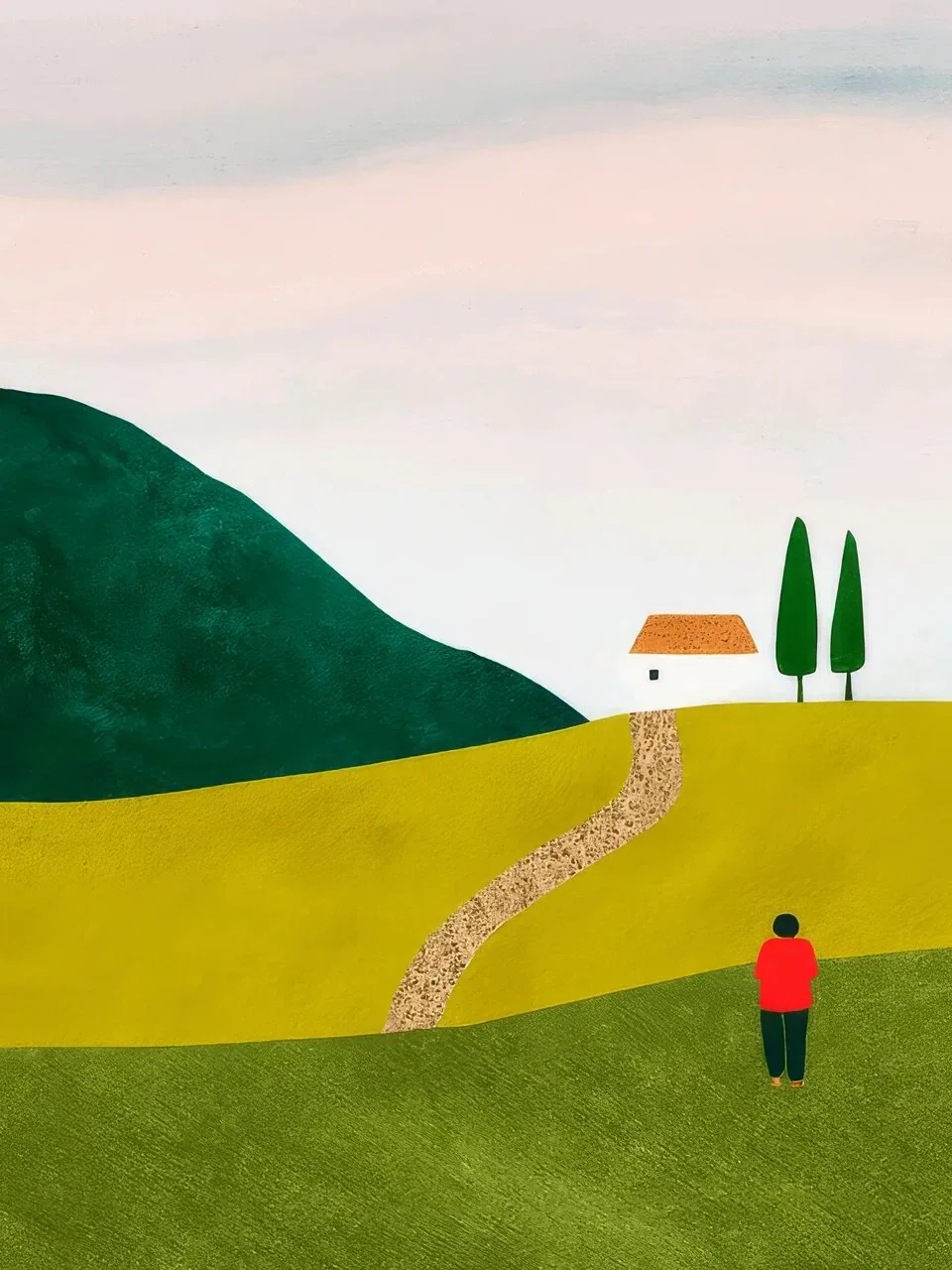 Onlly poster, Figure on a Green Hillside: A tiny figure stands in a quiet green landscape beneath a pale sky.
