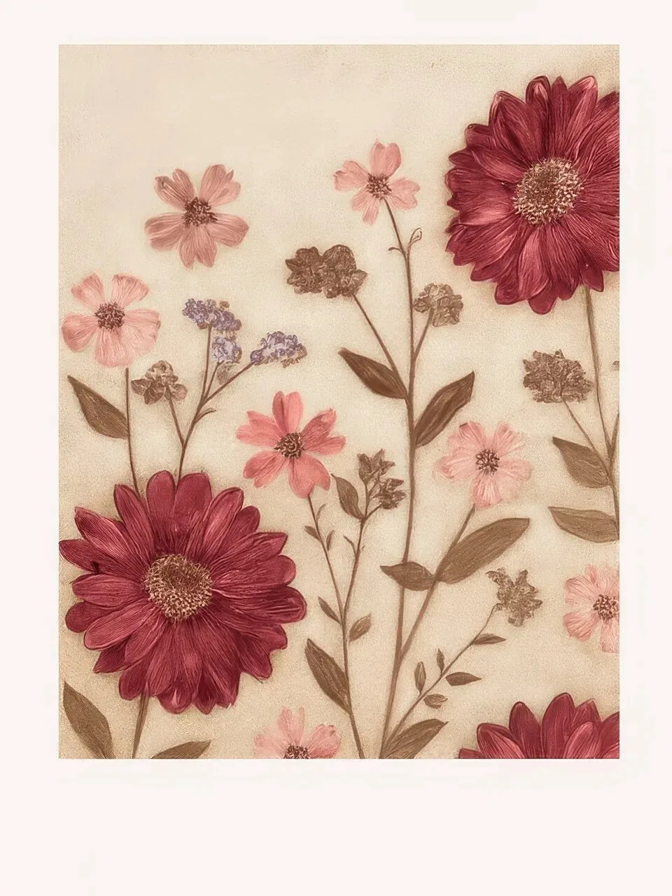 Onlly poster, Burgundy Floral Branches: Fine pink and burgundy blossoms with slim branches repeat on a pale ground.