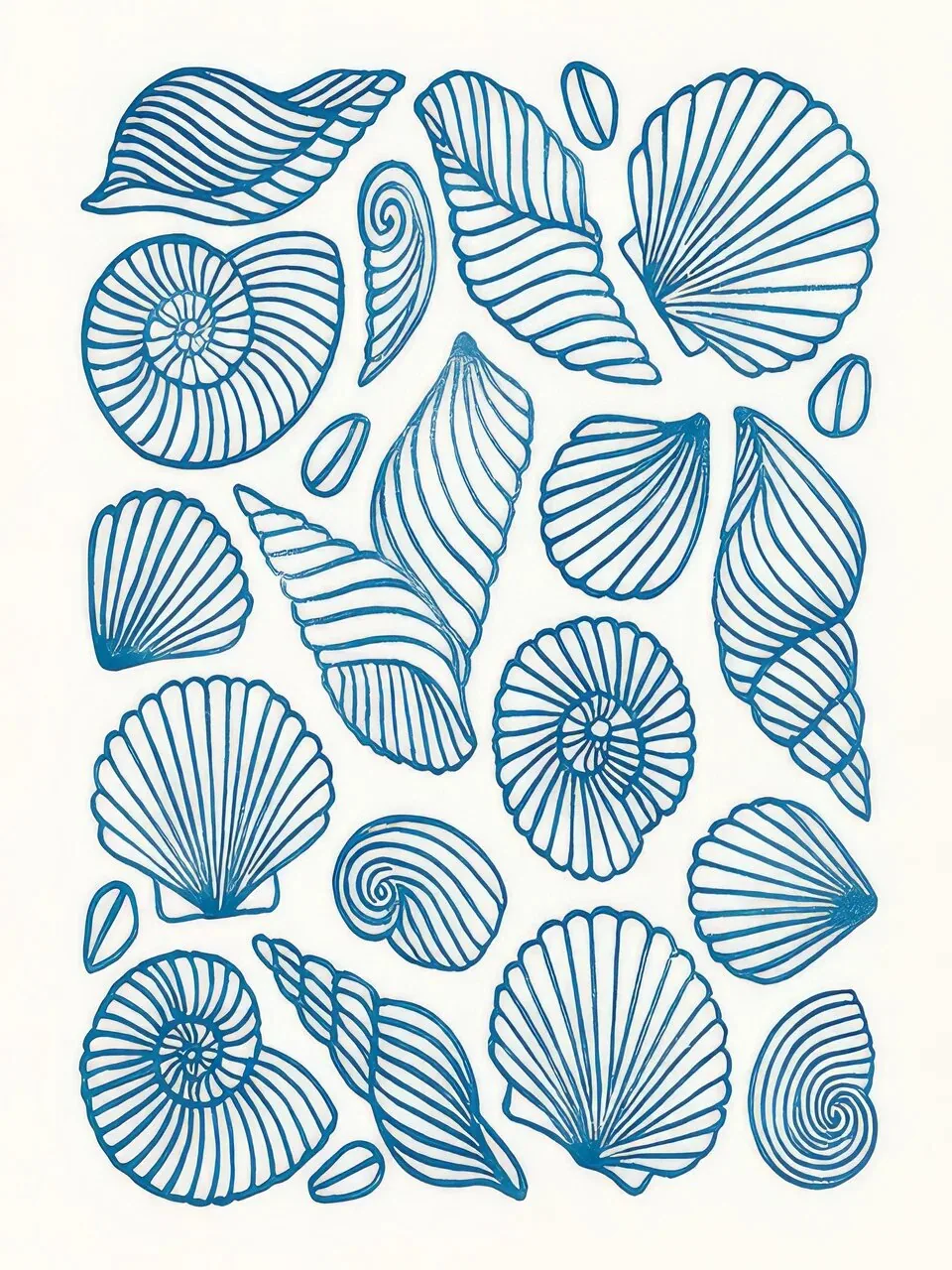 Onlly poster, Blue Shells in Rows: Delicate blue line drawings of shells repeat across a pale background.