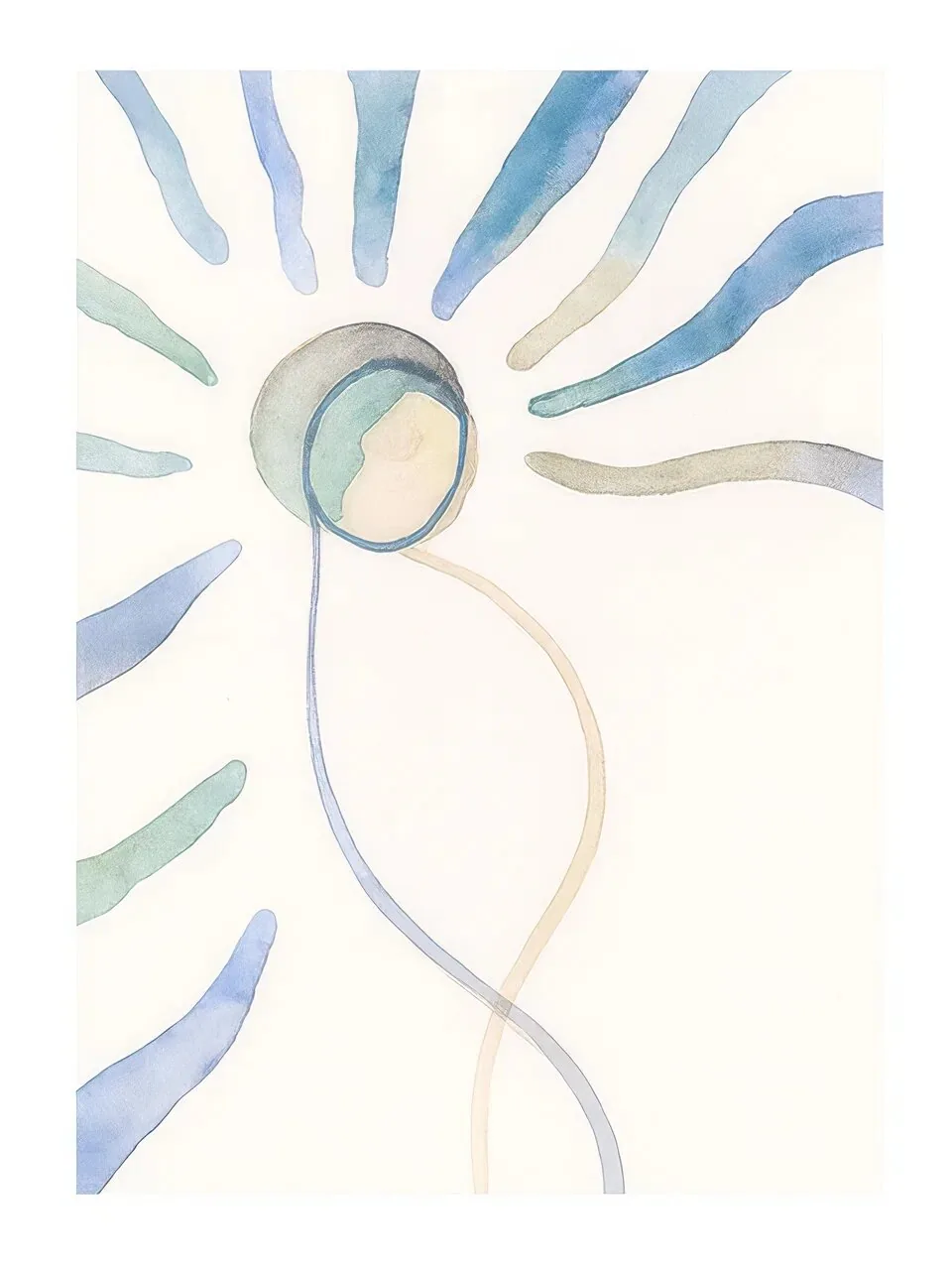 Onlly poster, Soft Blue Rays and a Stem: Pale blue rays surround a fine curving stem and a small circular form.