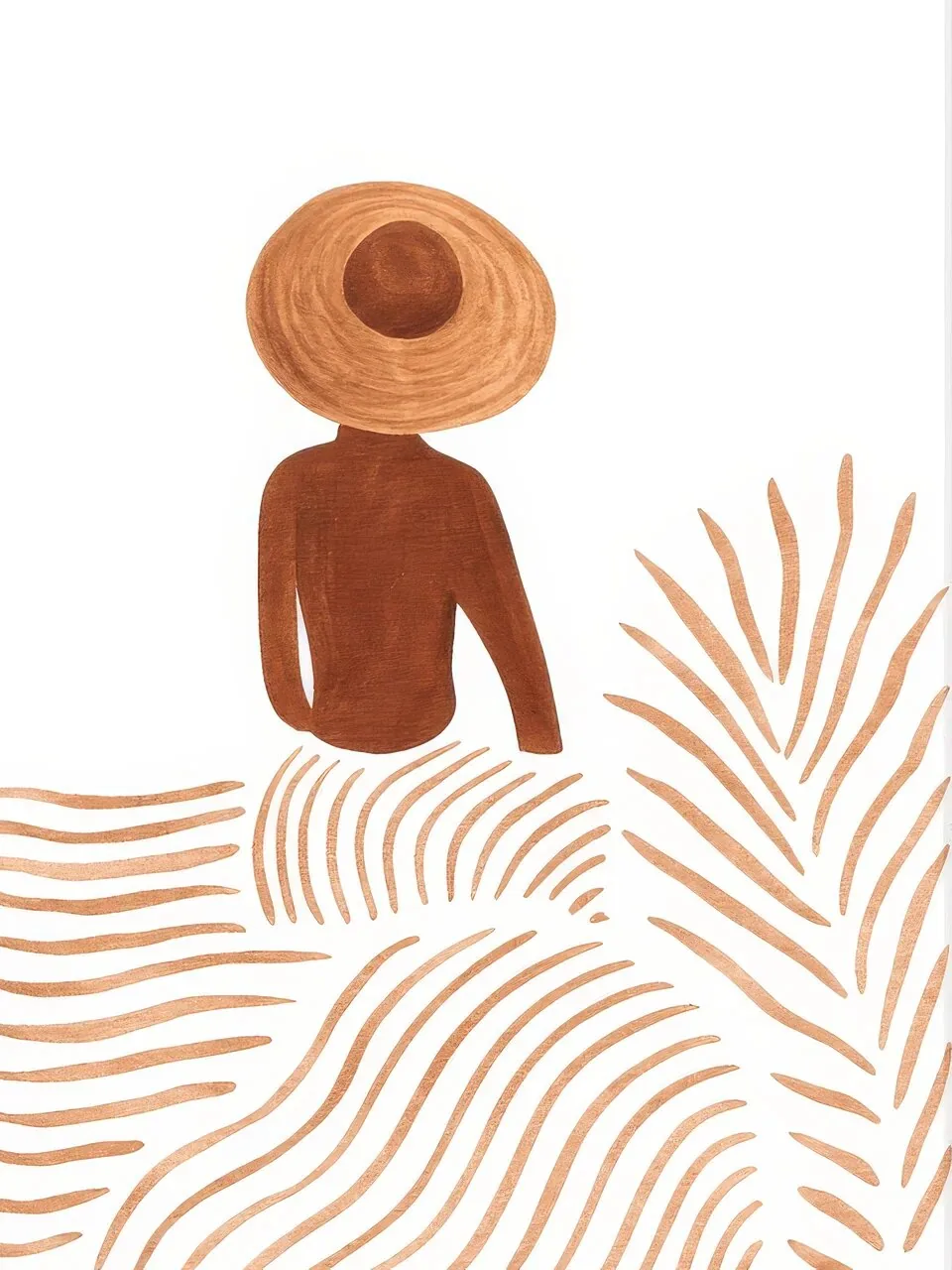 Onlly poster, Figure beside the Shore: A small figure in a broad hat stands among soft beach-coloured stripes.