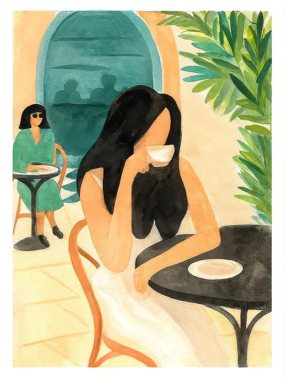 Onlly poster, Cafe Conversation by an Arch: Two women sit at a small café table within a leafy, sunlit interior.