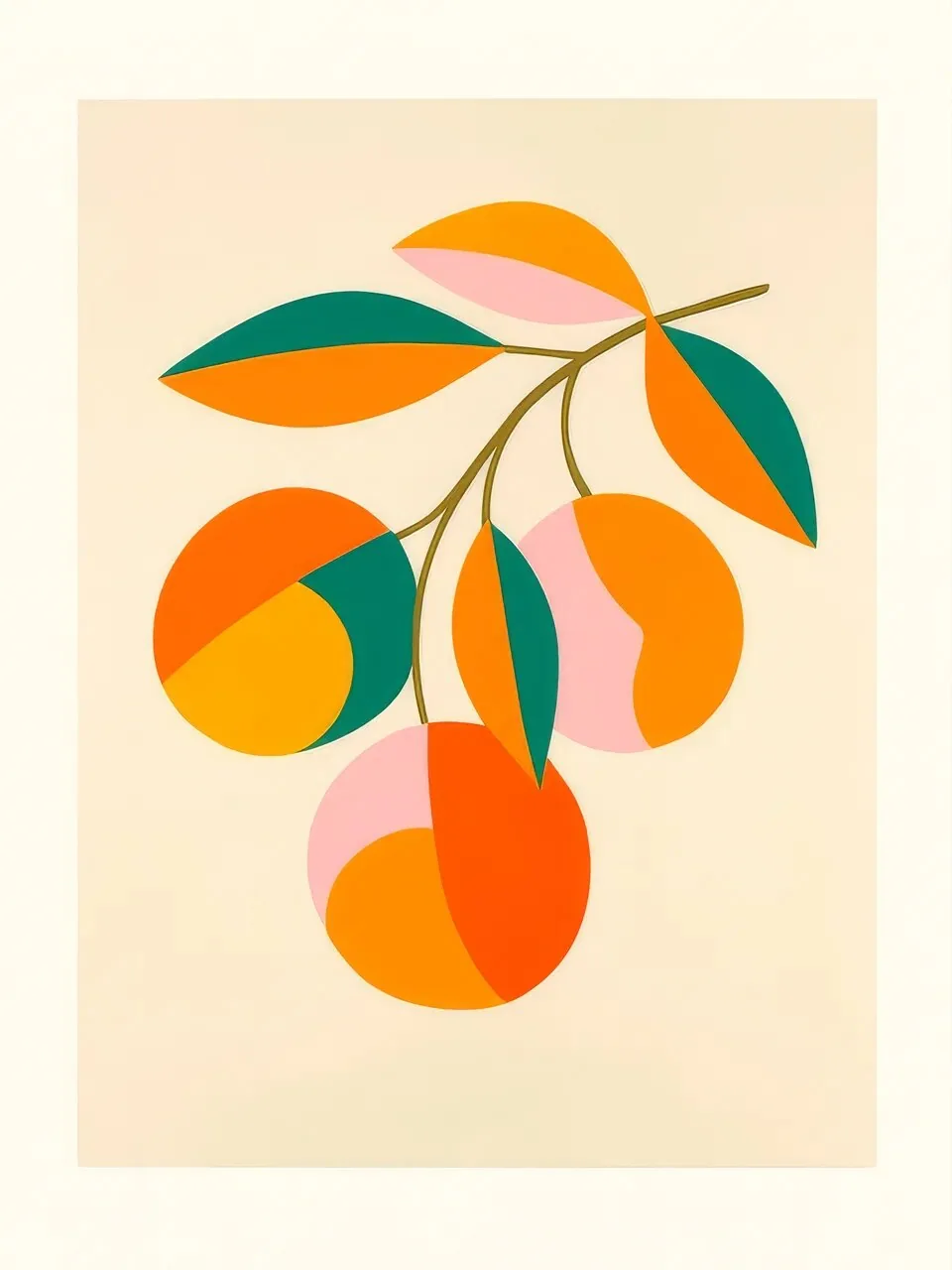 Onlly poster, Orange Branch in a Vase: Small orange fruits and green leaves extend from a slender branch in a pale vessel.