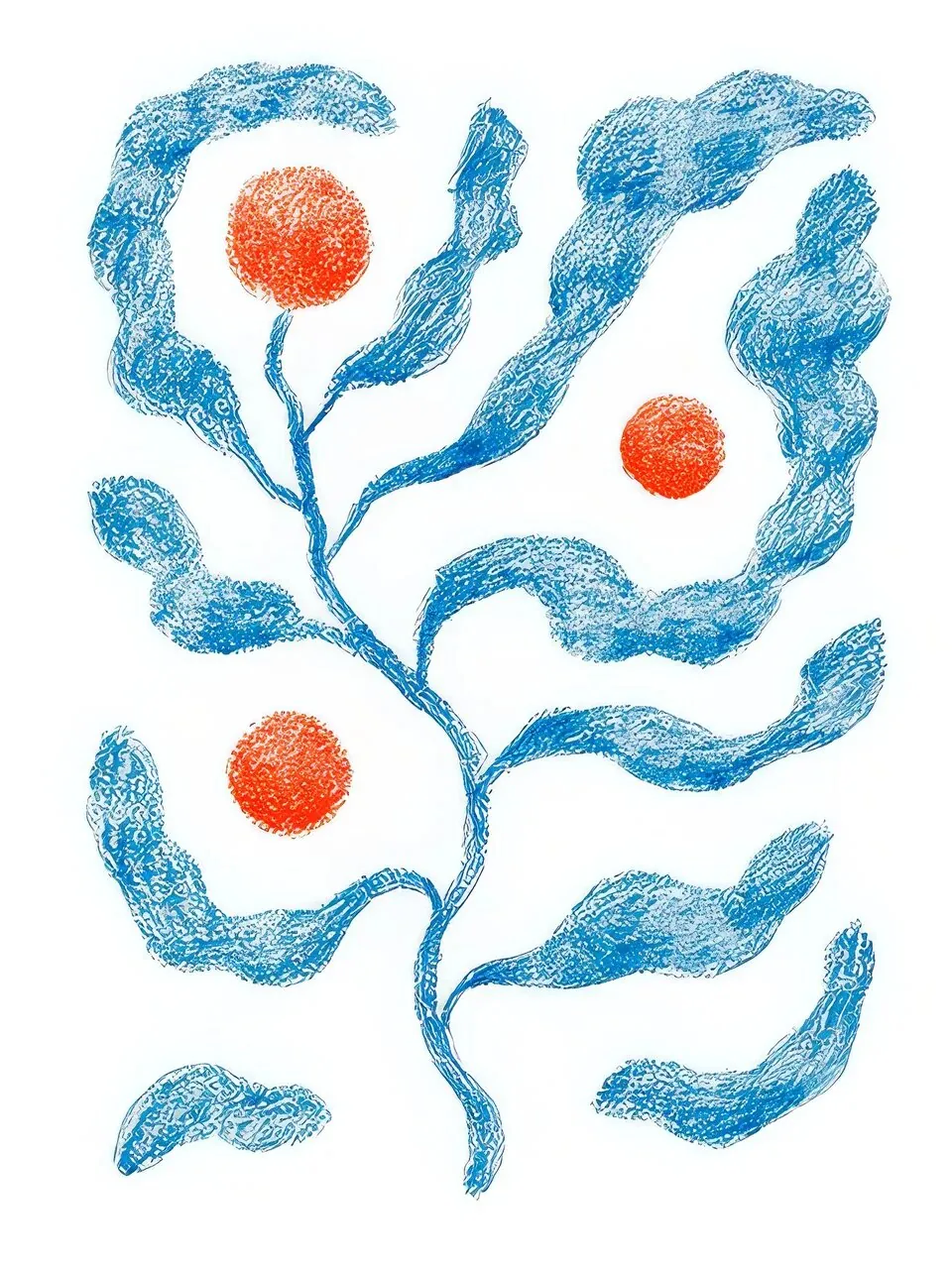 Onlly poster, Blue Coral Branches: Wavy blue stems and orange blossoms spread across a pale ground.