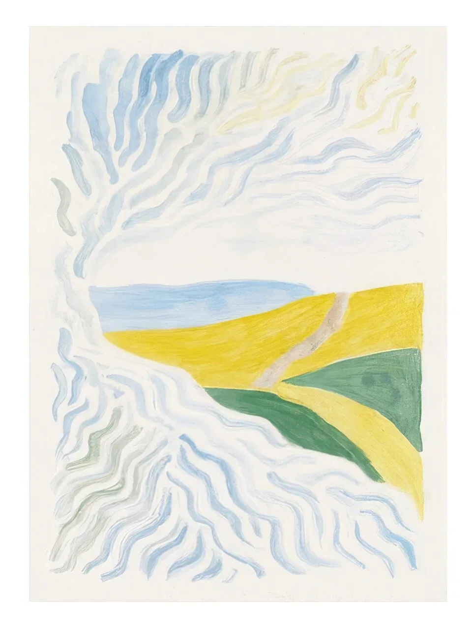 Onlly poster, Waves and Green Headland: Soft blue water and a low green shoreline meet beneath a pale sky.