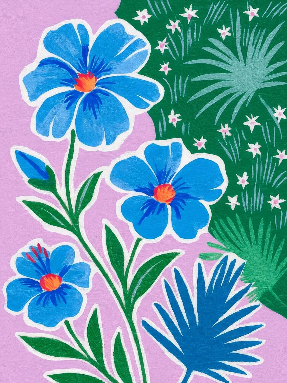 Onlly poster, Bright Blue Garden Flowers: Blue blossoms and green leaves fill a rich green patterned field.