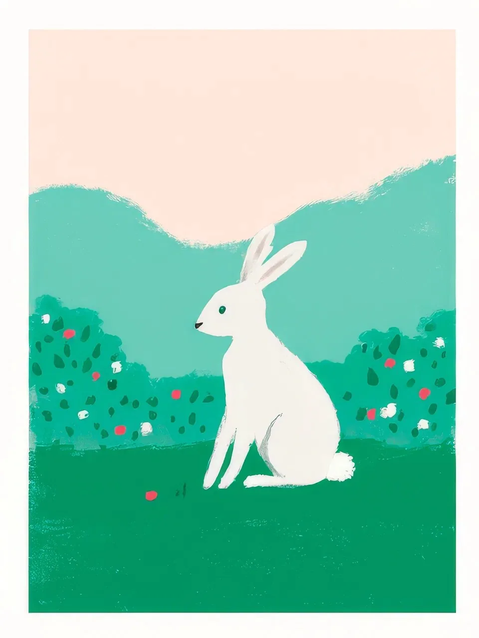 Onlly poster, White Rabbit in a Meadow: A white rabbit sits in a bright green field dotted with tiny flowers.
