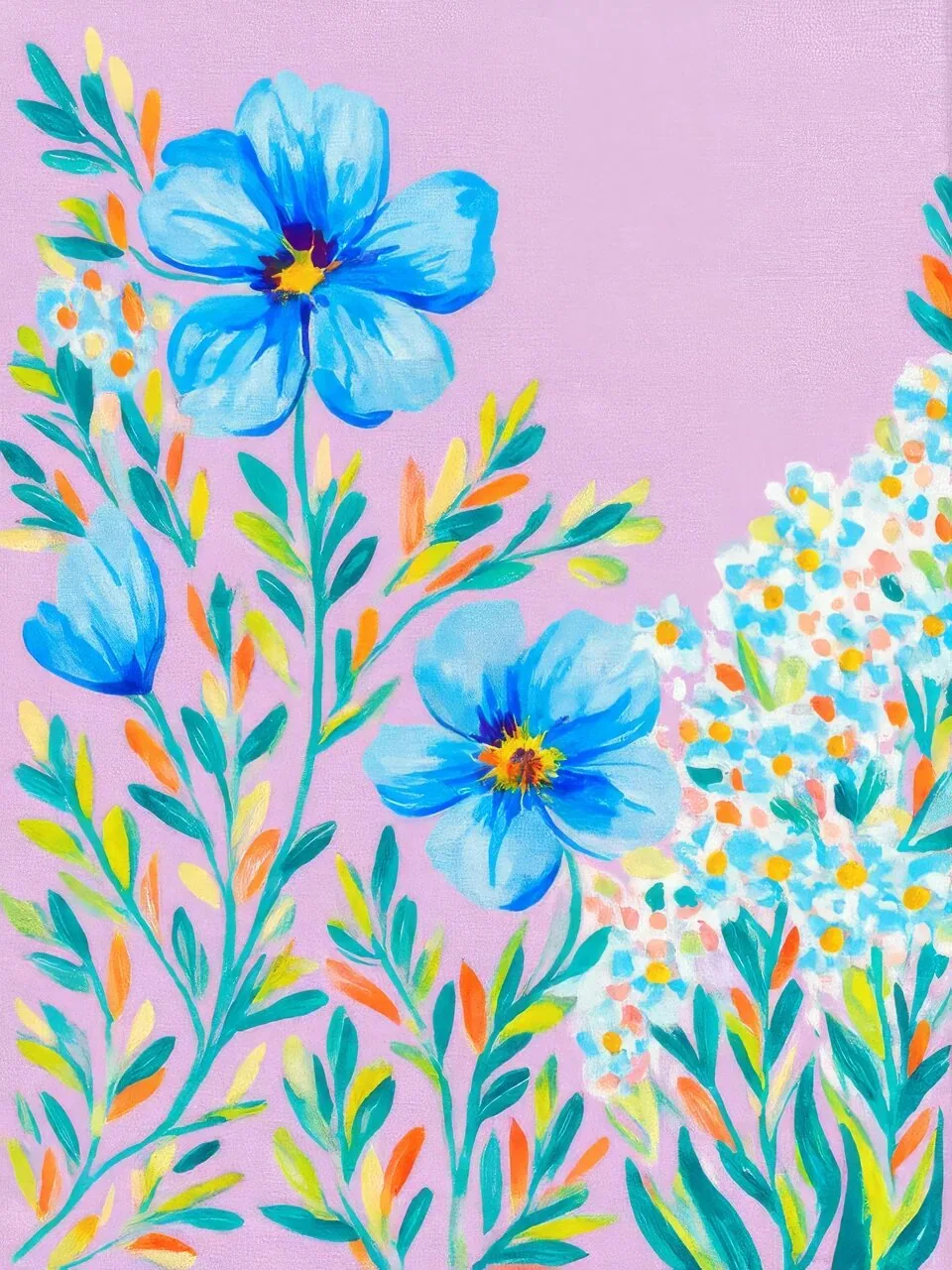 Onlly poster, Blue Flowers in a Colourful Garden: Blue blooms rise among lively pink, yellow and green foliage.