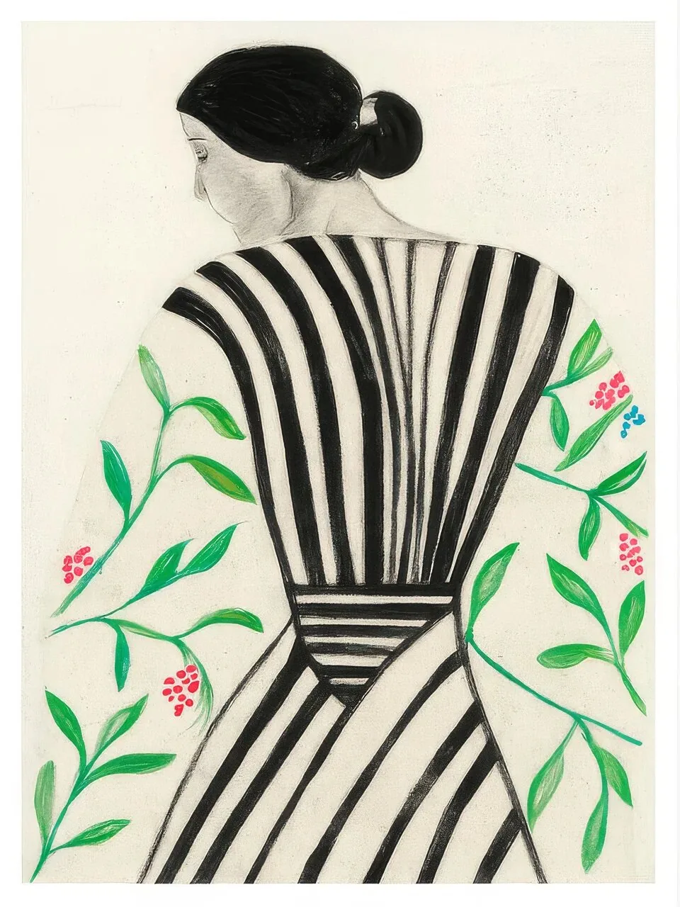 Onlly poster, Woman in a Botanical Dress: A seated figure in a black-and-white striped outfit is framed by green leaves.
