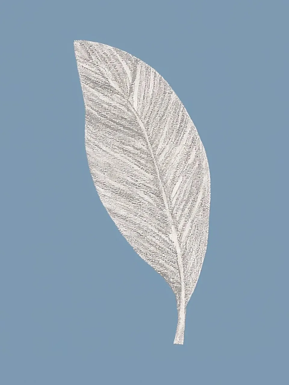 Onlly poster, Pale Feather on Blue: A single pale feather with fine detail lies diagonally across a muted blue ground.
