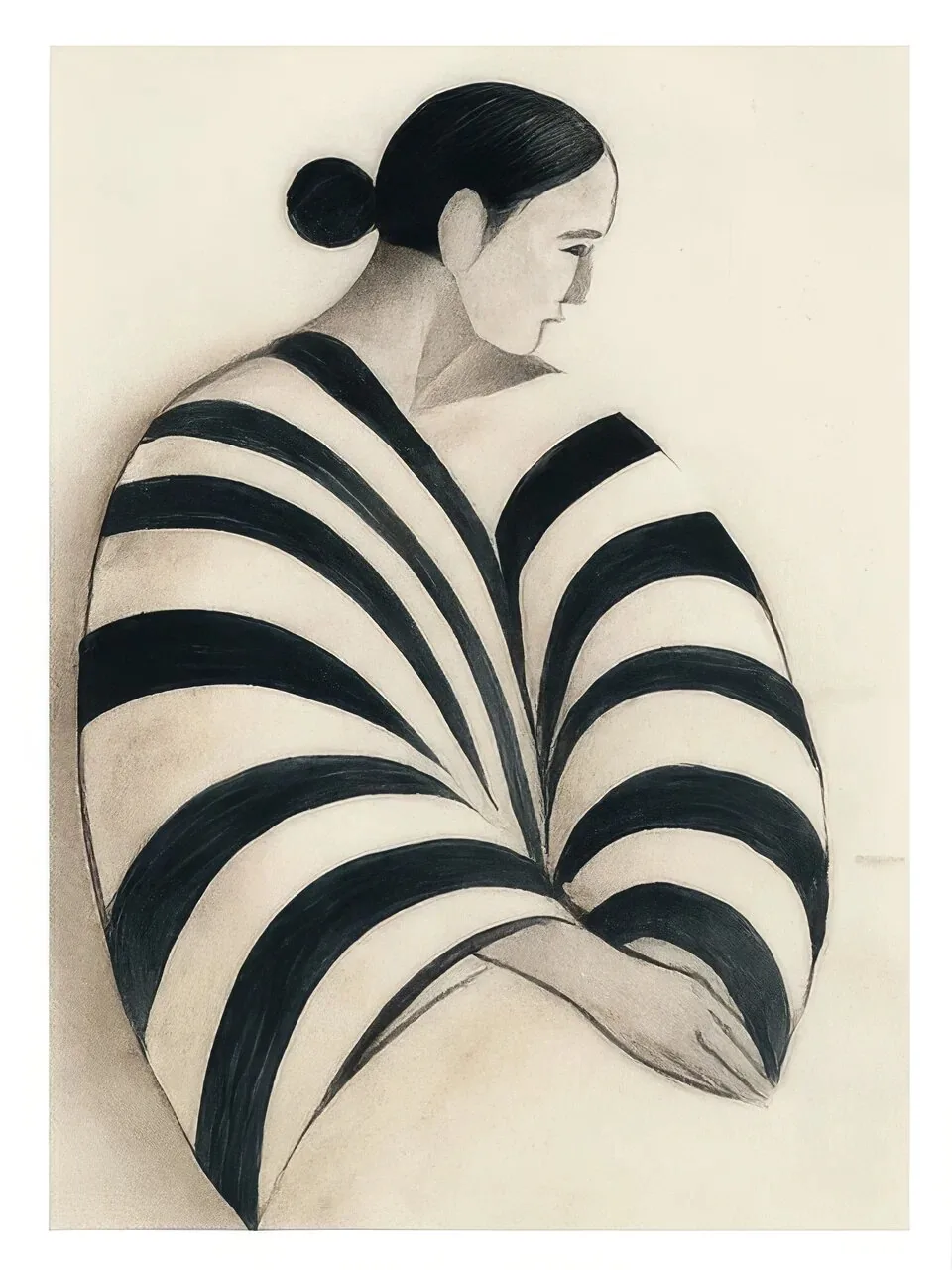 Onlly poster, Woman in a Curved Striped Coat: A seated woman wears a bold garment with black and cream curved stripes.