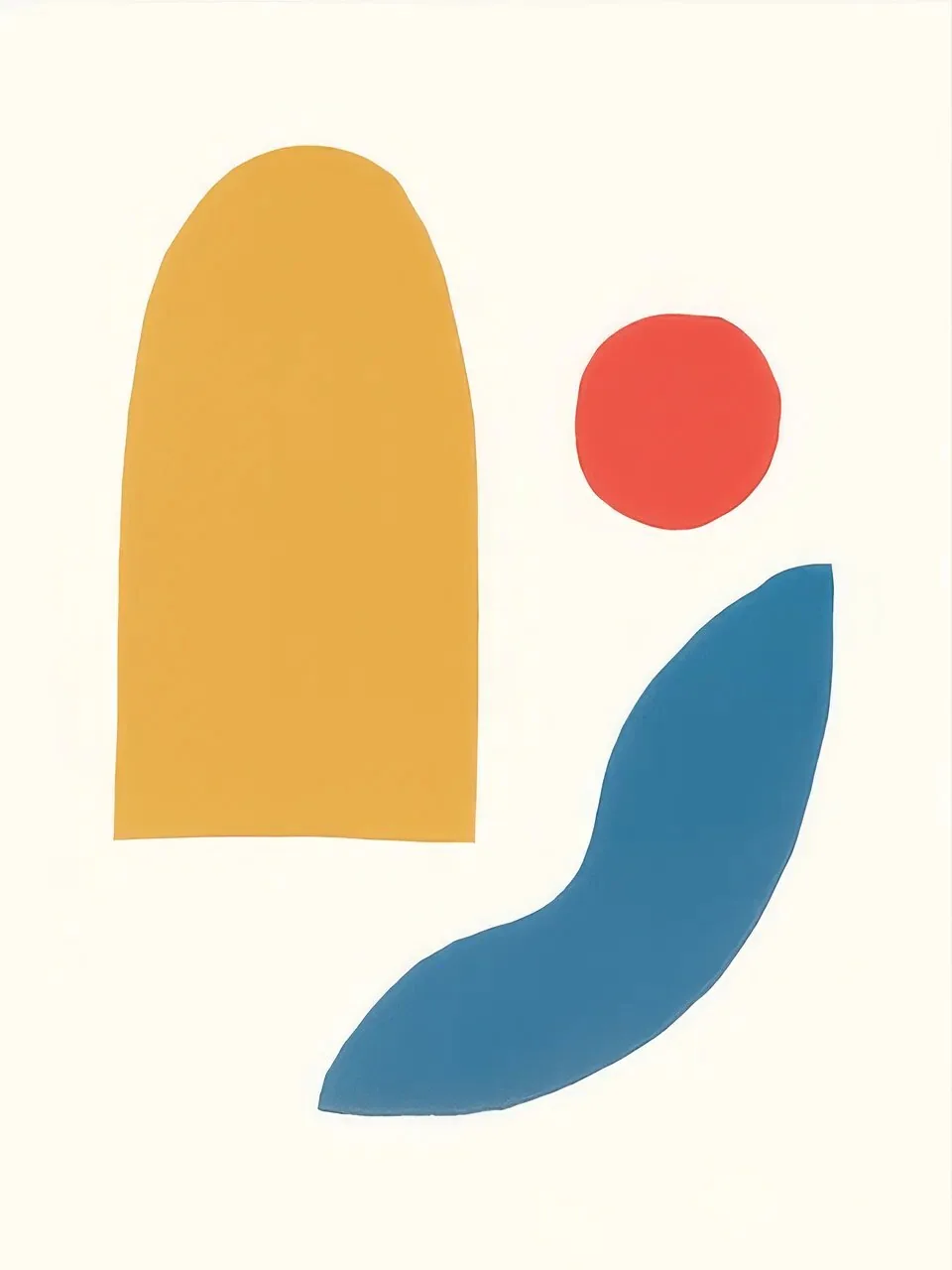 Onlly poster, Primary Colour Abstract: A golden arch, coral circle and blue curved shape are balanced on cream.