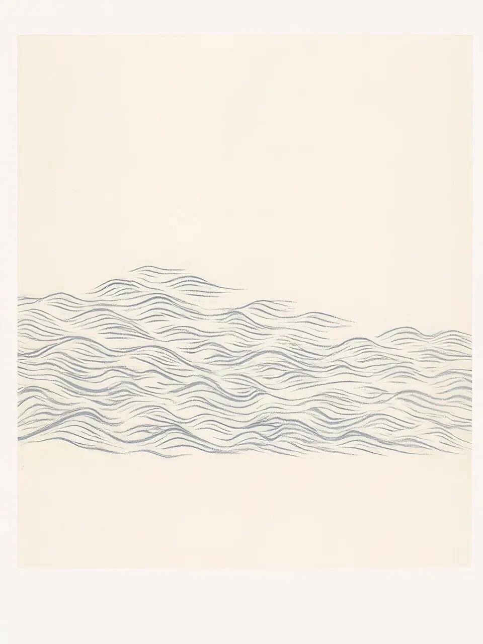 Onlly poster, Quiet Sea and Distant Hills: Muted grey-blue water meets low rose and tan landforms beneath an open sky.
