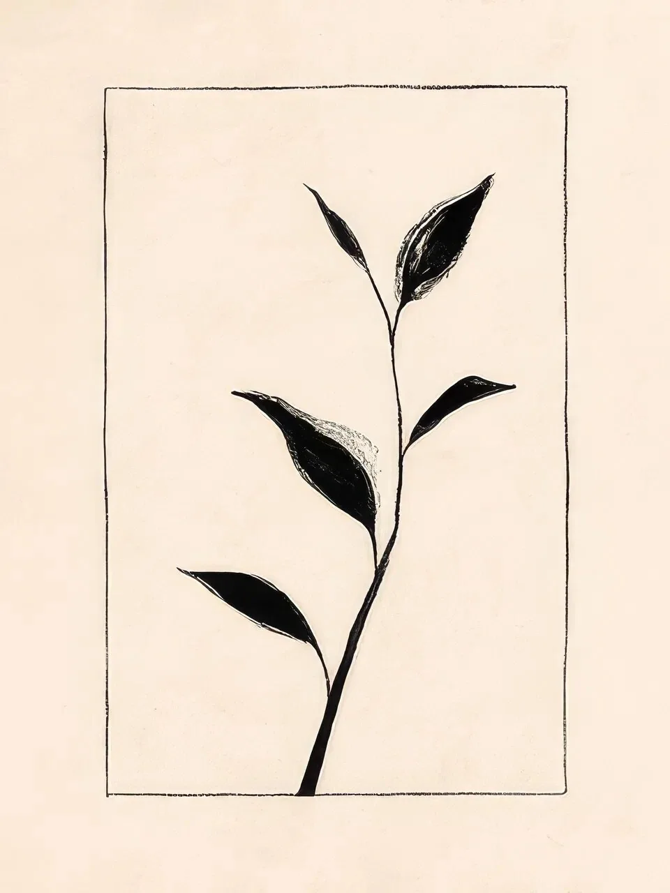 Onlly poster, Single Leafy Stem in a Frame: A black stem with pointed leaves rises inside a fine rectangular border.
