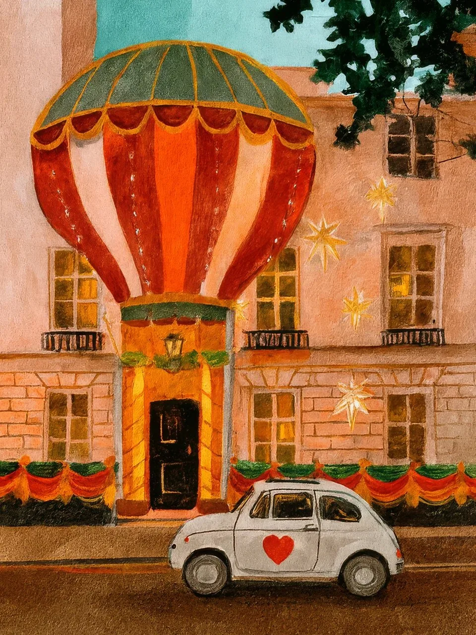 Onlly poster, Hot-Air Balloon above a Town: A colourful balloon floats above a small old-town street with a parked car.