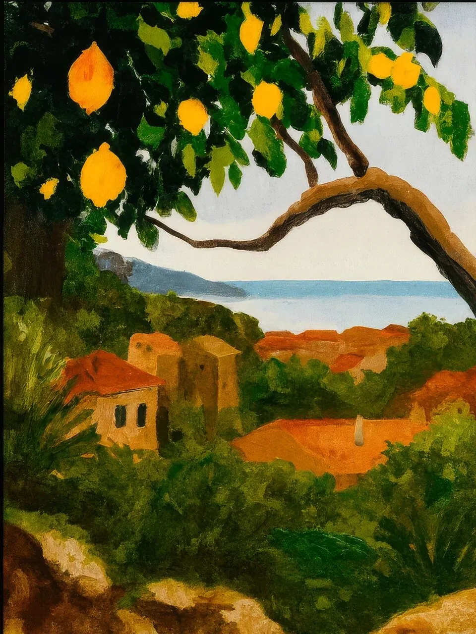 Onlly poster, Country Lane beneath a Tree: A broad green tree shades a winding lane through a warm countryside landscape.