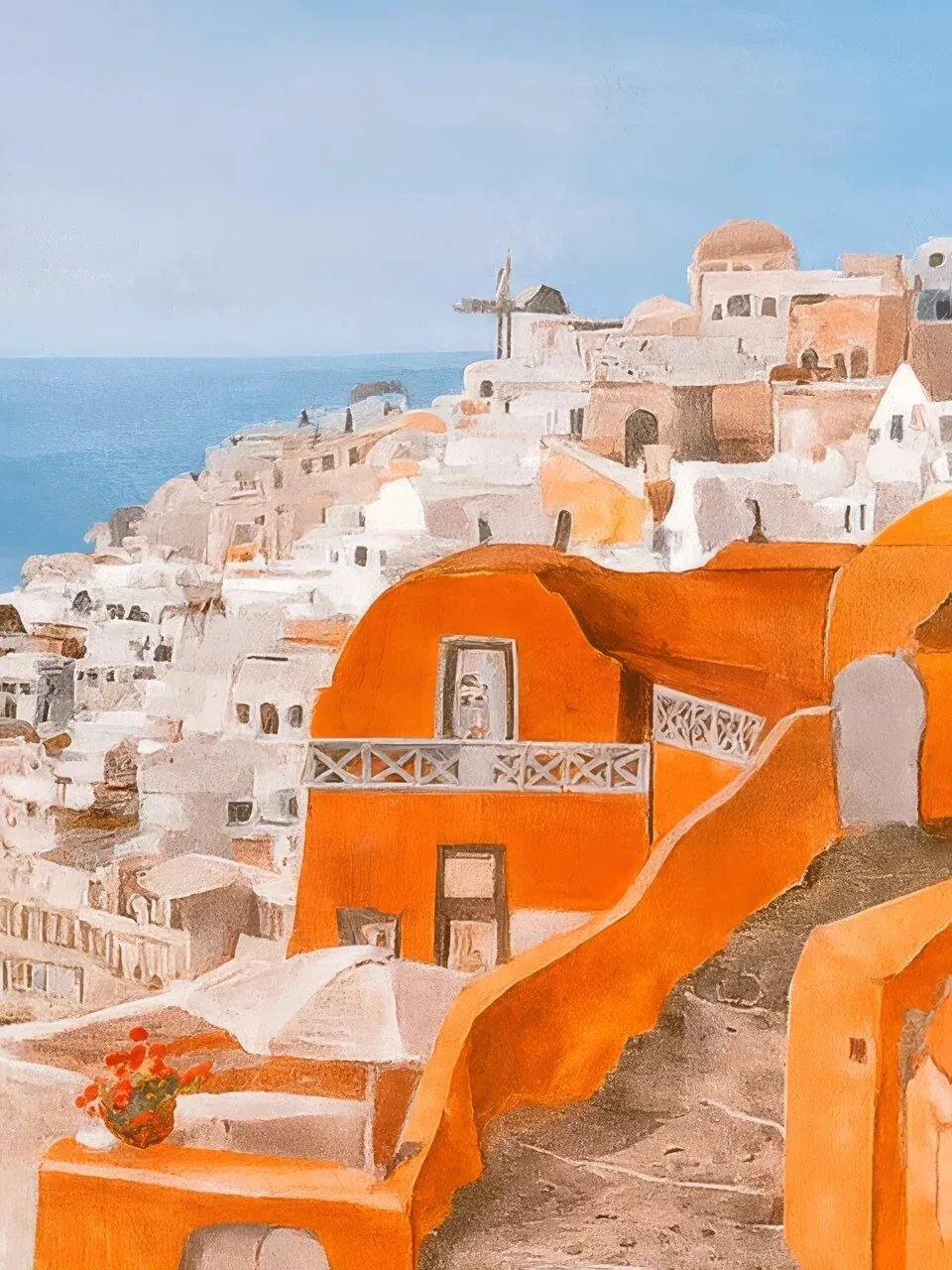 Onlly poster, Whitewashed Mediterranean Village: Sunlit white and terracotta buildings step down a hillside toward the sea.
