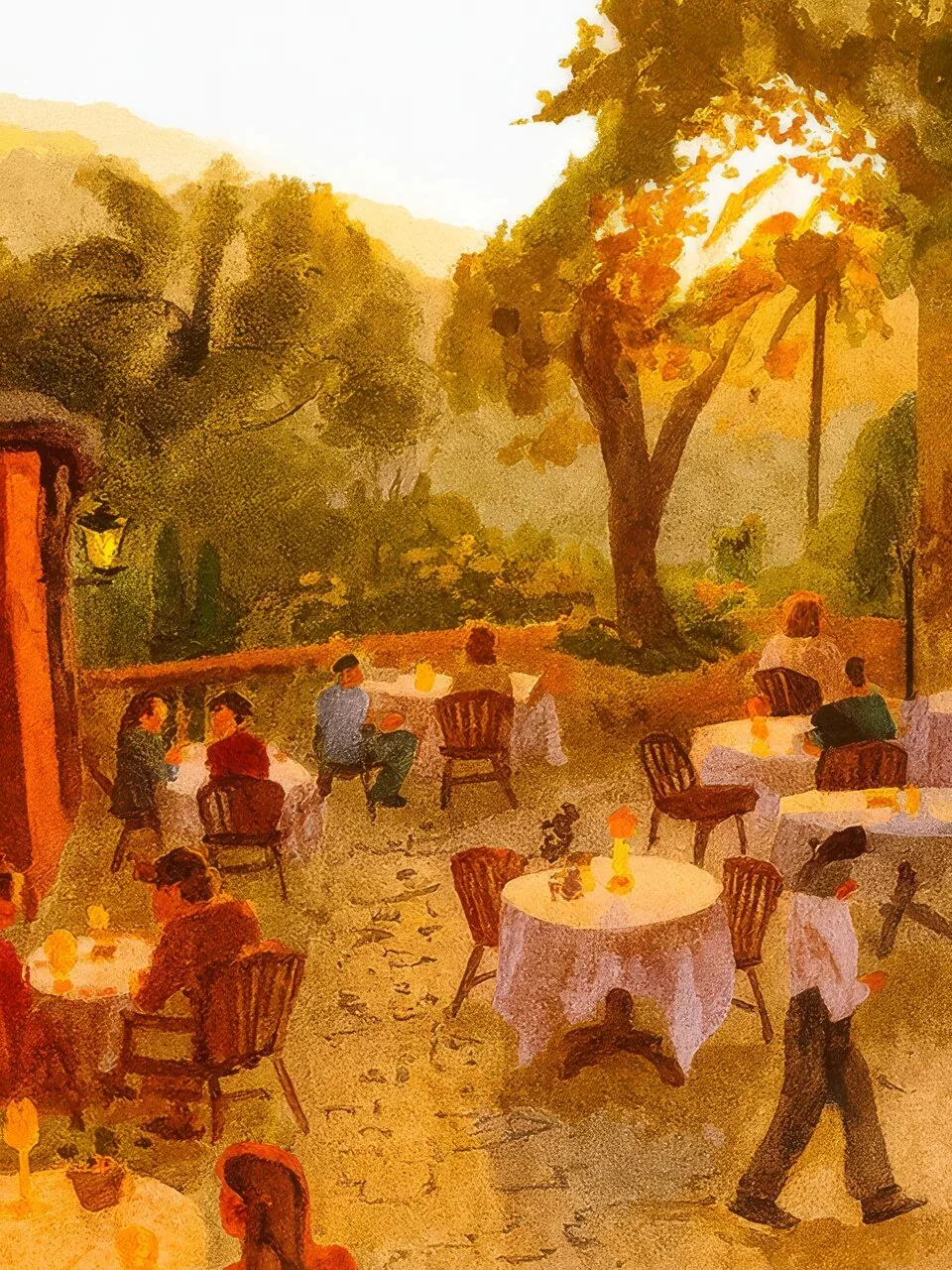Onlly poster, Evening Cafe beneath the Trees: Small tables and figures gather at a warm outdoor café under leafy trees.