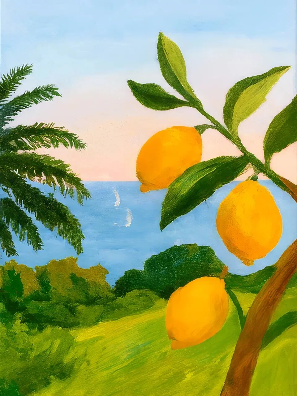 Onlly poster, Lemon Tree by the Coast: Yellow lemons hang among green leaves with blue water beyond.