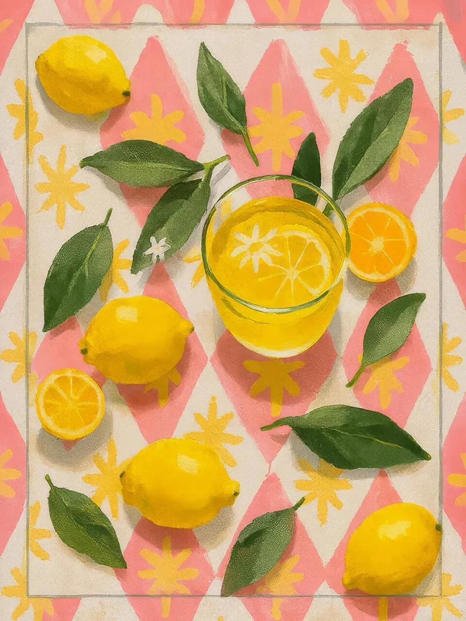 Onlly poster, Citrus and Leaves Pattern: Lemons, leaves and pale flowers repeat in a lively pink-and-yellow pattern.