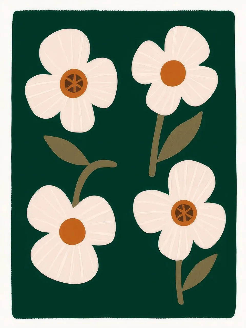 Onlly poster, White Flowers on Deep Green: Large pale blossoms and dark foliage contrast against a rich green background.