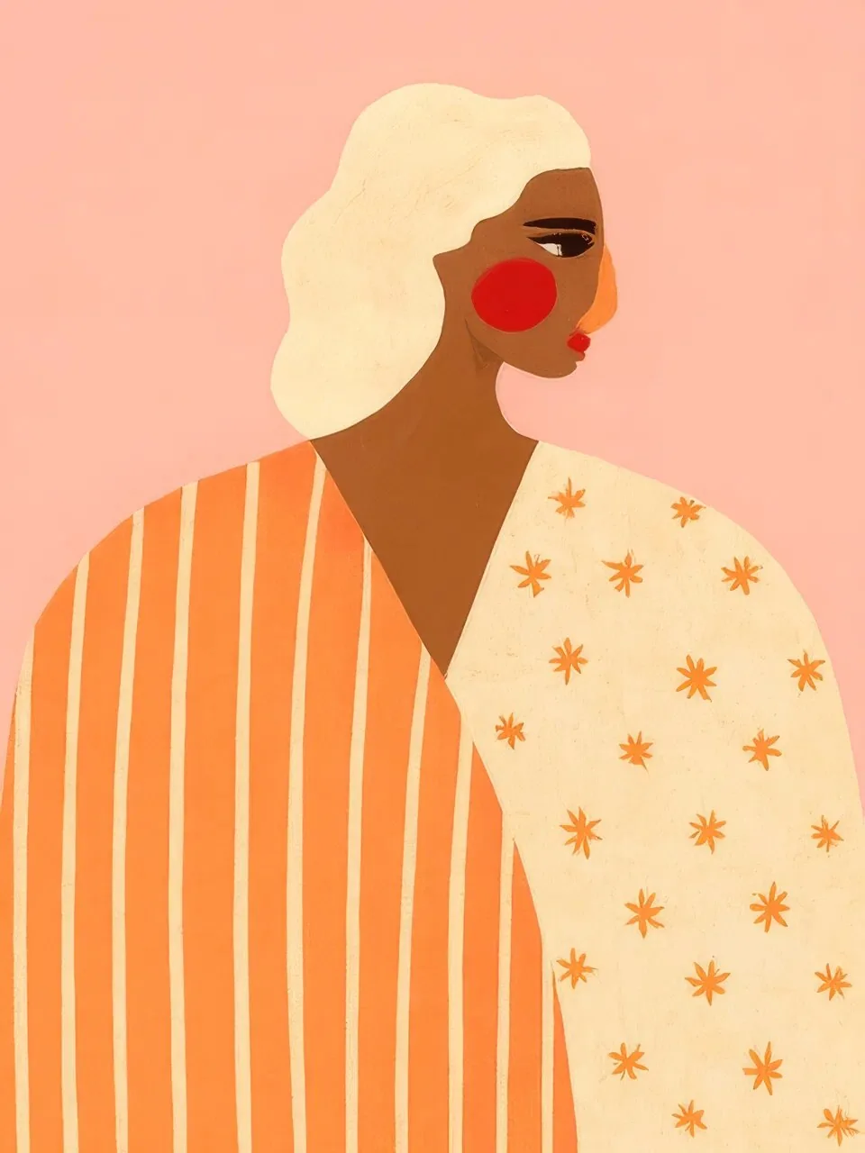 Onlly poster, Woman in Orange Glasses: A close portrait shows a woman in round red-orange glasses against coral pink.