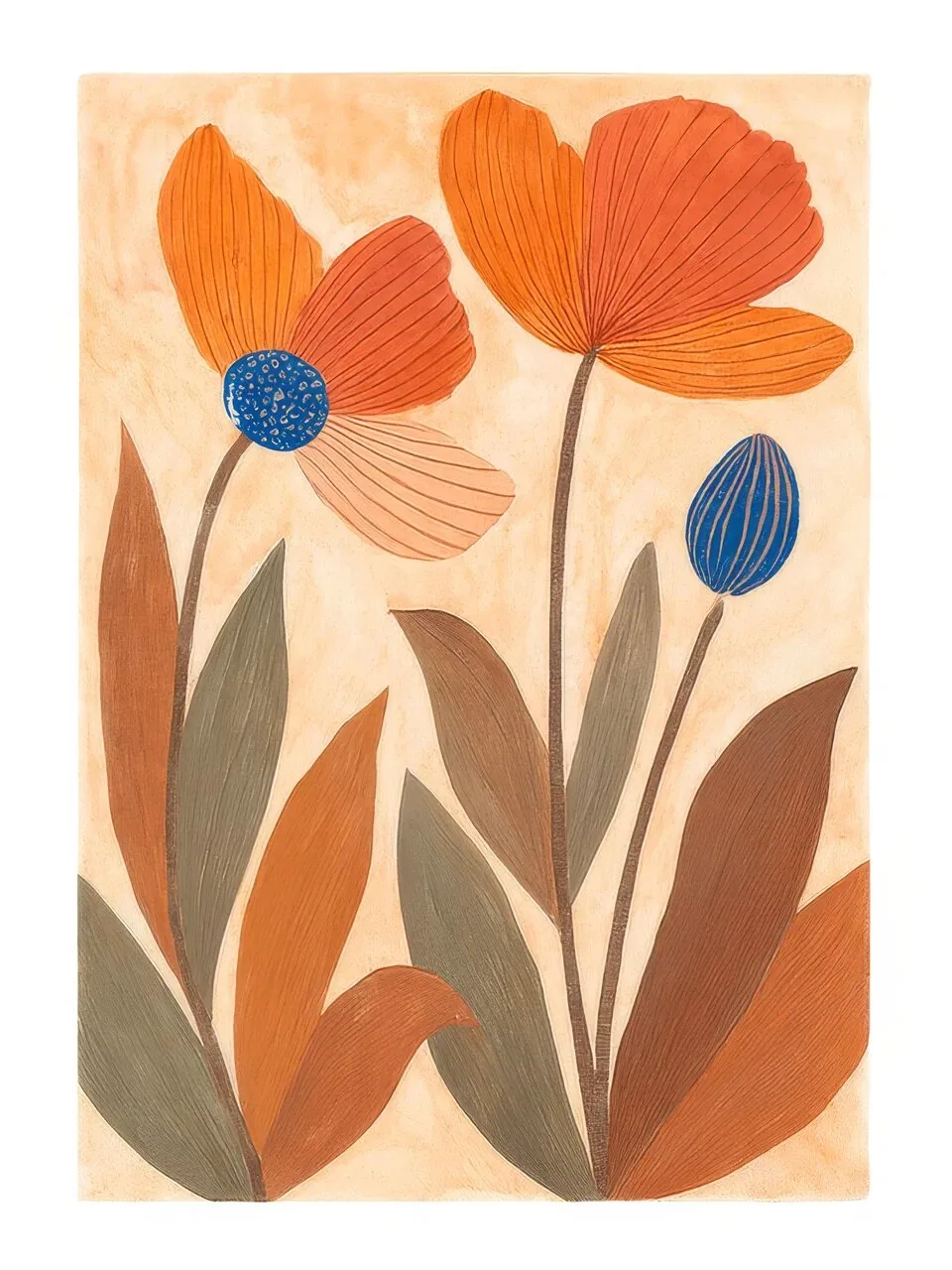 Onlly poster, Earth-Tone Floral Study: Stylized flowers in rust, ochre and muted blue spread across a warm ground.