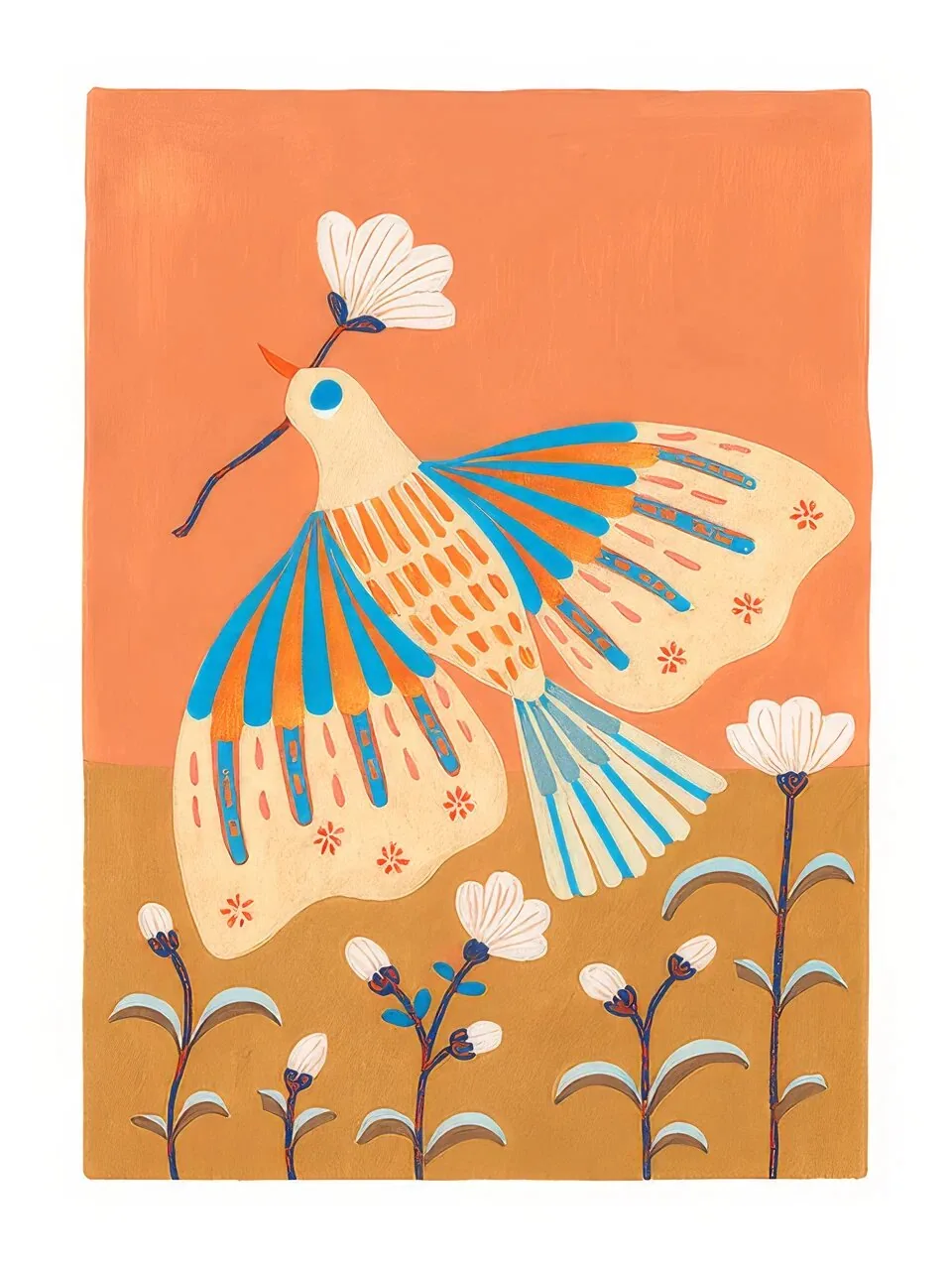 Onlly poster, Dancing Figure in a Patterned Skirt: A woman twirls in a colourful patterned skirt among small flowers.