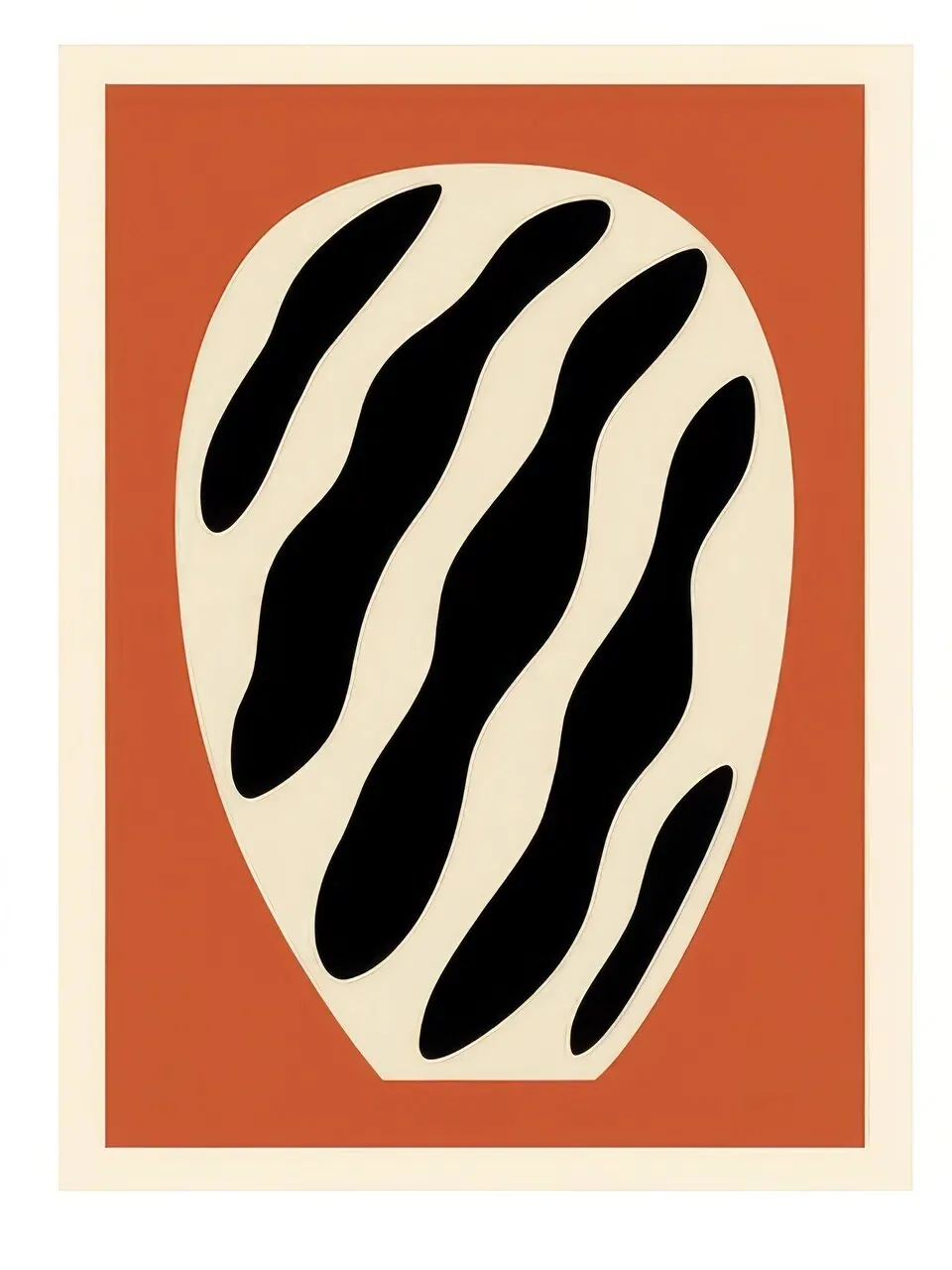 Onlly poster, Black Wavy Motif on Terracotta: Bold black organic stripes form an abstract motif inside a rust-red border.