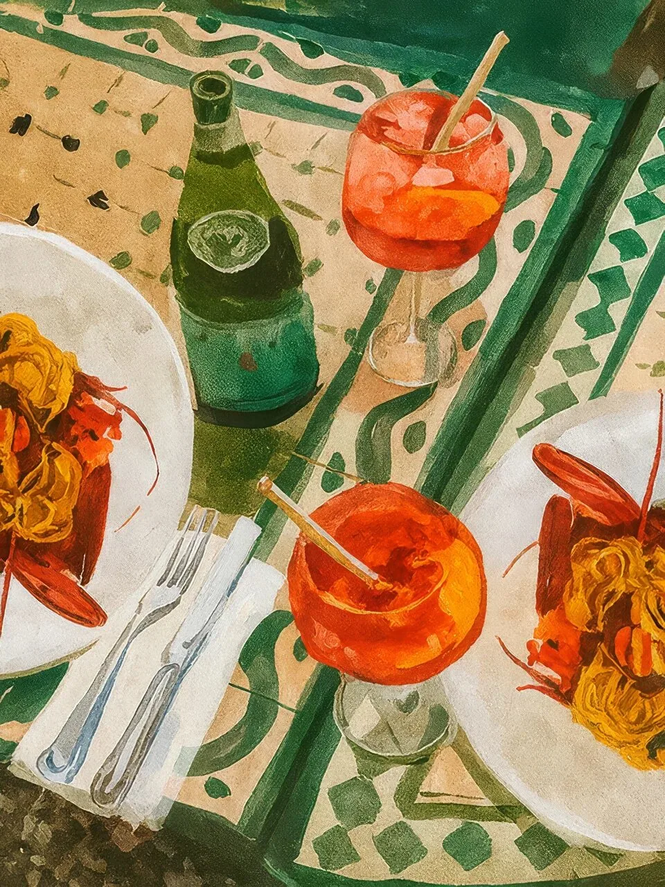 Onlly poster, Mediterranean Table Setting: A lively overhead table features pasta, tomatoes, herbs and green glassware.