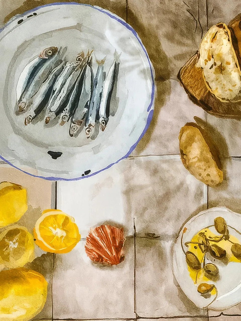 Onlly poster, Seafood and Citrus from Above: A plate of fish and lemon sits among small dishes on a pale tabletop.