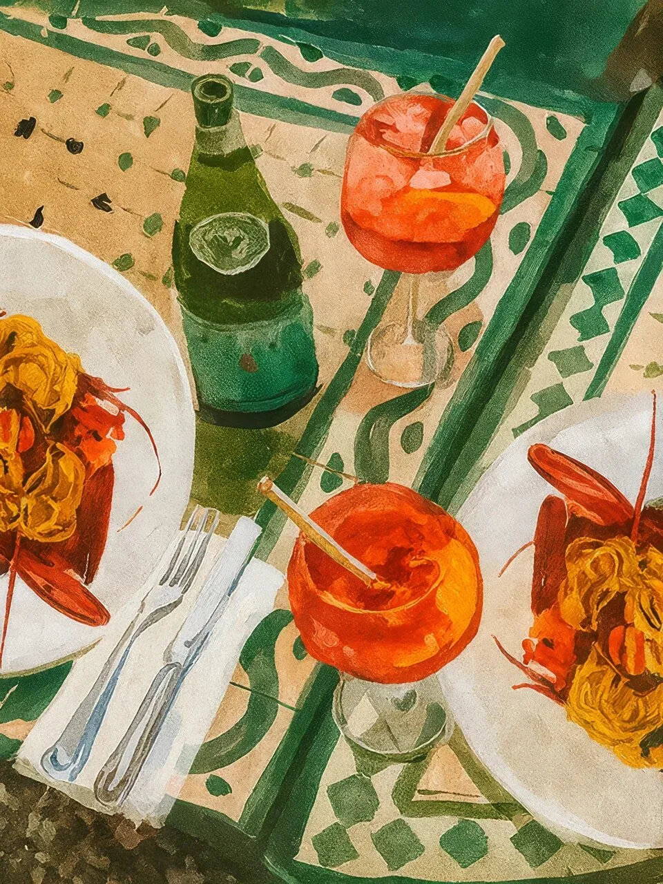 Onlly poster, Mediterranean Lunch from Above: A colourful spread of salad, bread and citrus is arranged on a patterned table.