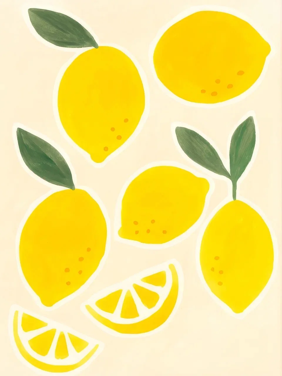 Onlly poster, Yellow Lemons on Cream: Lemons and sliced citrus with green leaves are arranged on a pale cream ground.